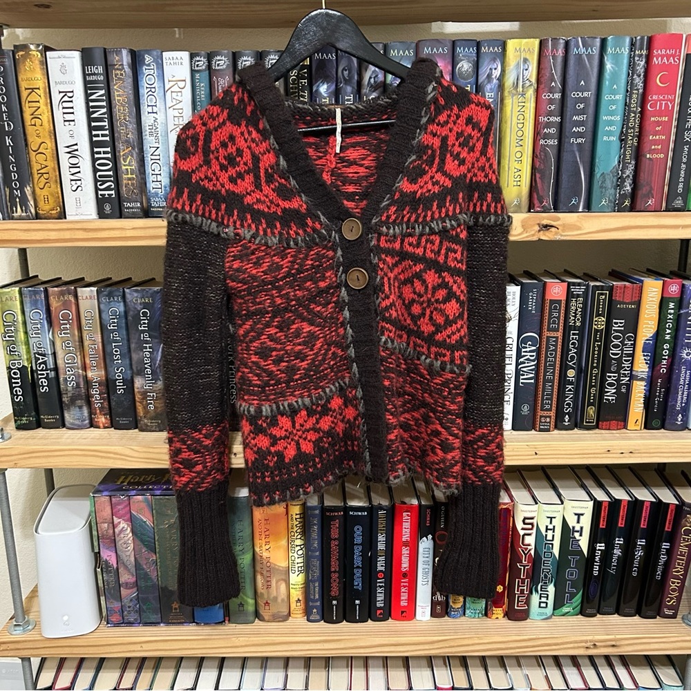 Free People Red and Brown Fair Isle Nordic Wool Hooded Sweater Size  XS